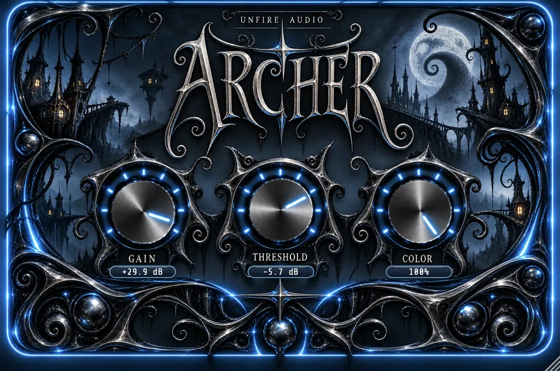 Original ARCHER Nocturne interface by Unfire, blue moonlit artwork and three labeled audio controls
