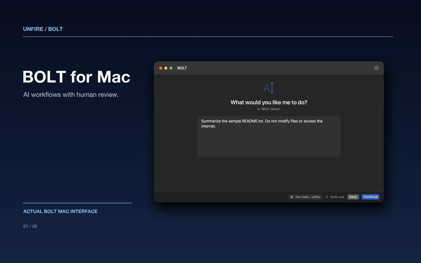 BOLT desktop presentation featuring the app's real AI task interface