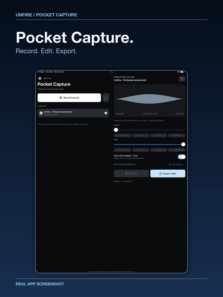 Pocket Capture app cover featuring its real audio recording interface for iPad