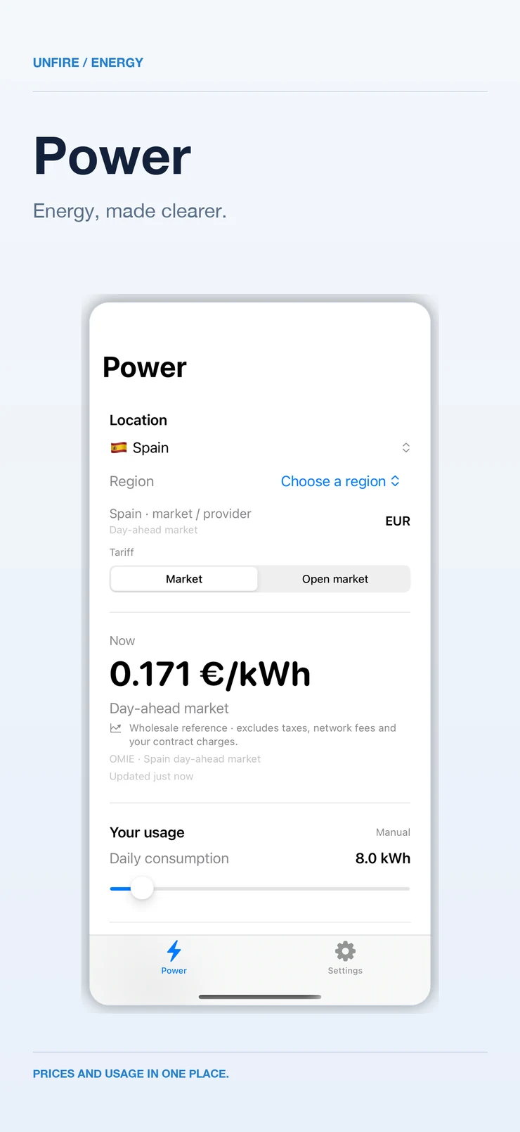 Power app cover showing the real iPhone energy price and usage interface