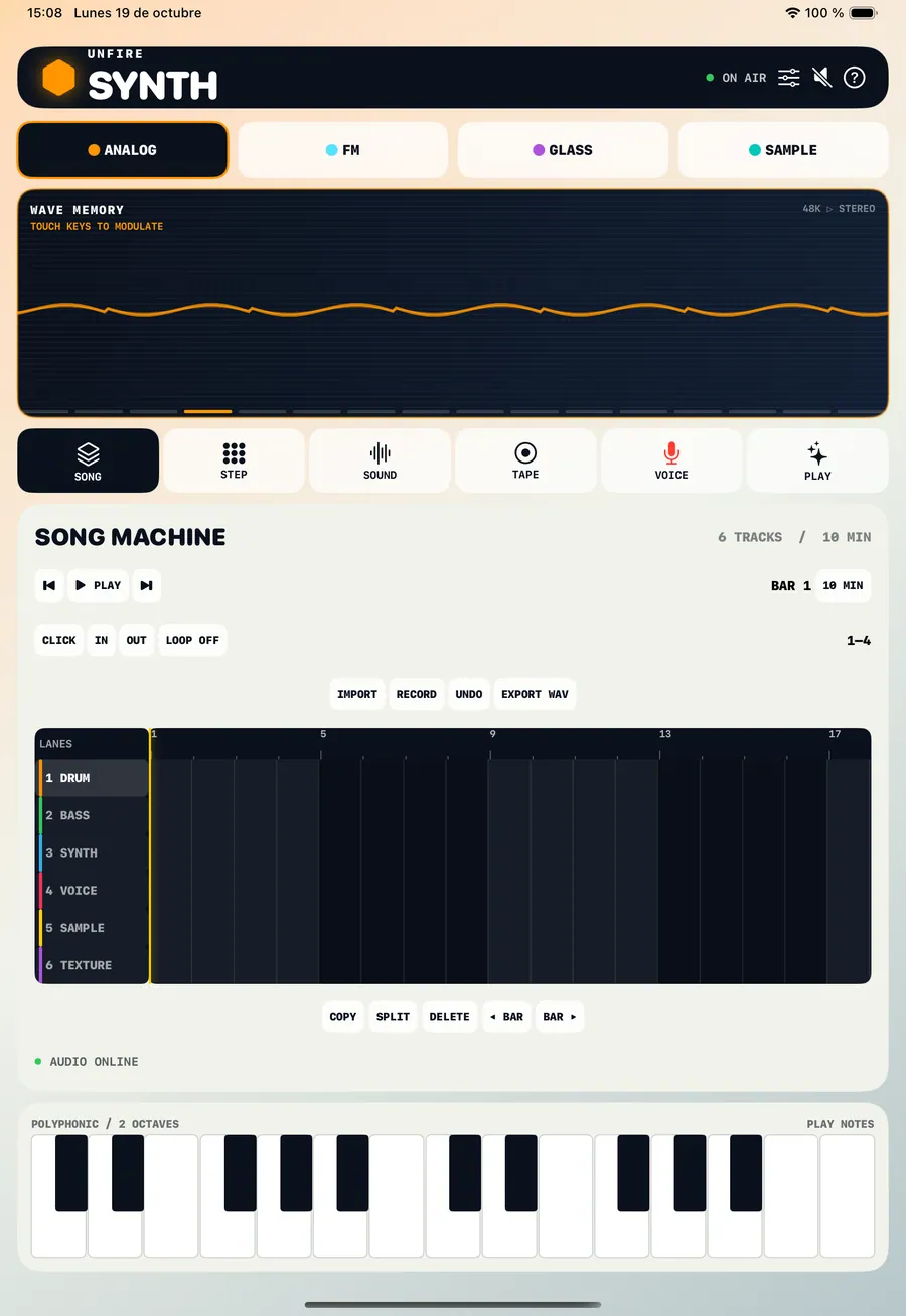 Unfire Synthesizer instrument interface captured on iPad