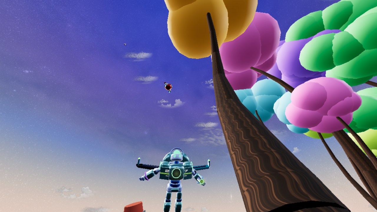 Captura real del juego: robot volando bajo un cielo crepuscular violeta entre árboles de colores