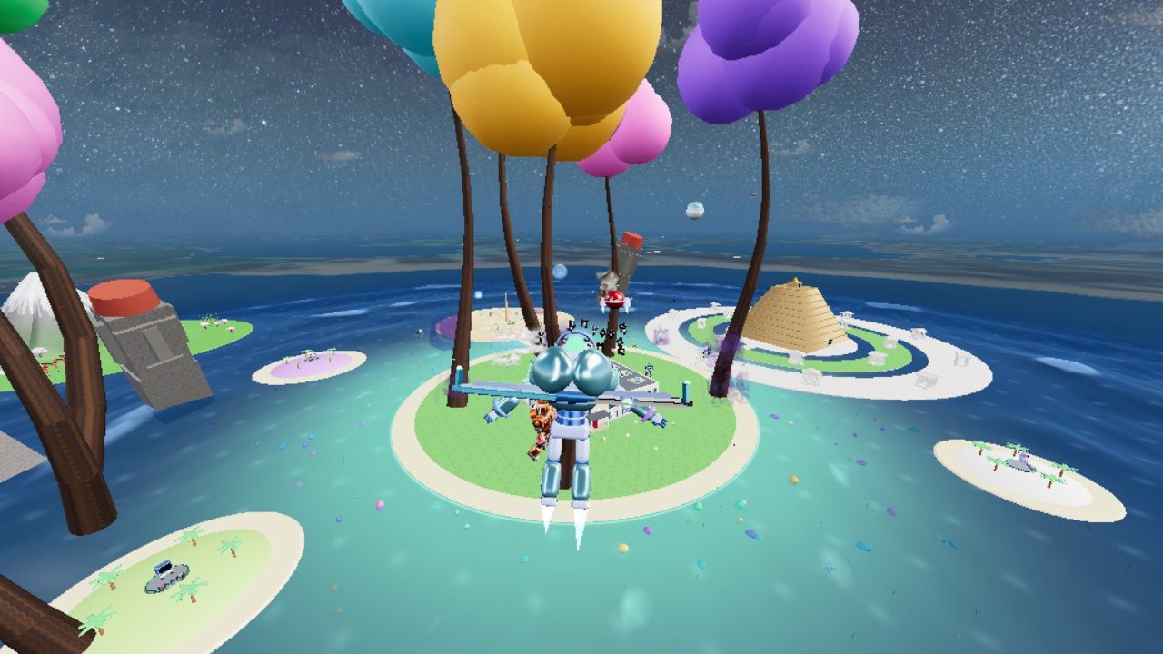 Panorámica nocturna auténtica del juego con las principales islas a la vista, mar y cielo estrellado